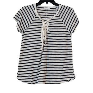 Allen Allen Womens Size XS White Black Striped Short Sleeve Tie Neck T-Shirt